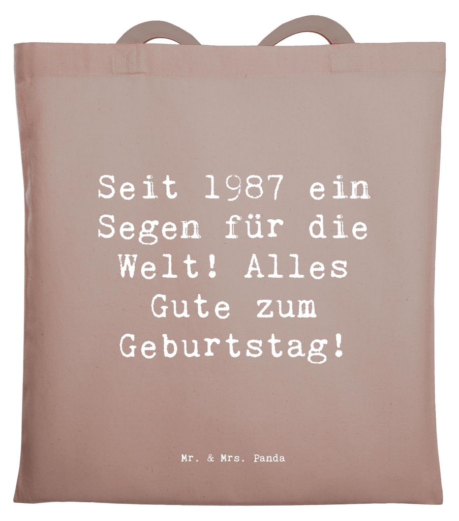 Mr. & Mrs. Panda Tote Bag Spruch 1987 Geburtstag - Braun Pastell - Geschenk, Shopping Tasche, Jutebeutel, persönliches, Segen für die Welt, Einka...