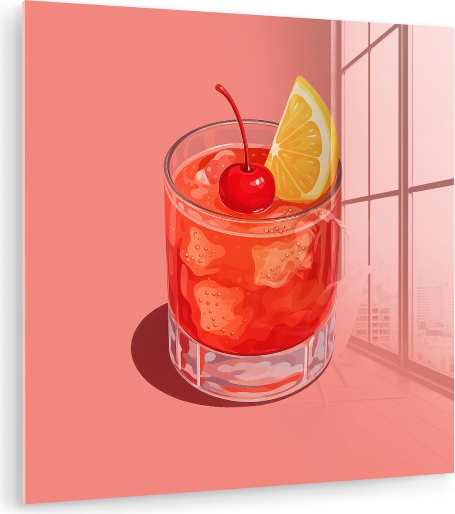 MuchoWow Glasbilder - Bilder auf Wandbild - Foto auf Glas Glas - Eiswürfel - Zitrone - Kirsche 90x90 cm Wanddekoration aus Glas - Acrylglasbild - ...