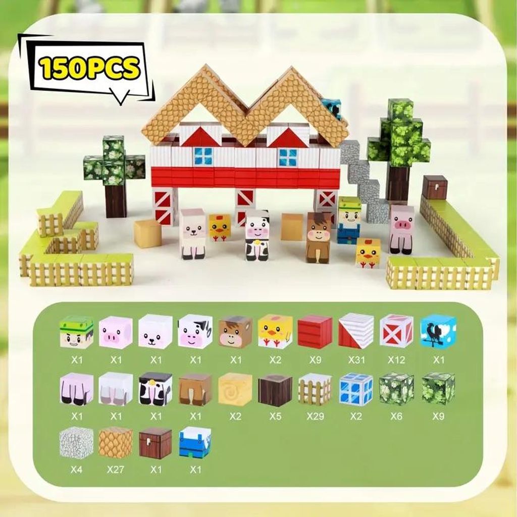 150 Stück Magnetische Bauklötze Set – Bauernhof & Tiere Produktbild 