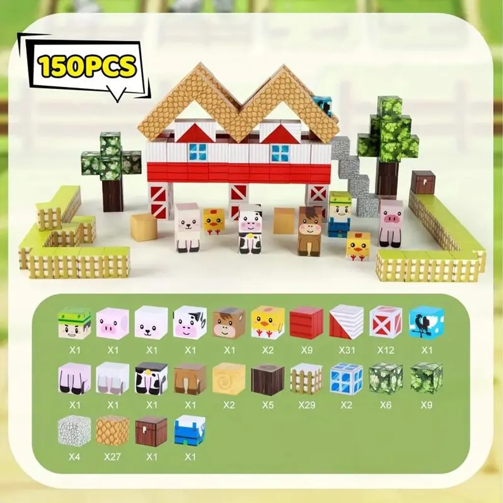 Cubes Magnétiques pour Enfant 150 pcs - Jeu Créatif STEM Ferme & Zoo