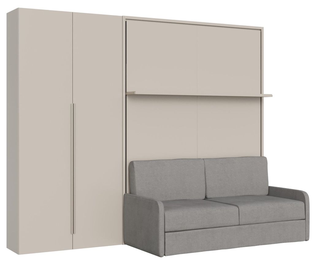 Vertikales französisches Klappbett Versia Sofà 140 mit Sofa, Regal und rechtem Kleiderschrank mit 2 Argilla-Türen