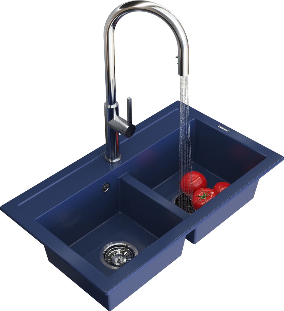 Granitan | Granitspüle DUET - Blau - Zweikammer - Hochwertig und Elegant - Inkl. Armatur und Syphon