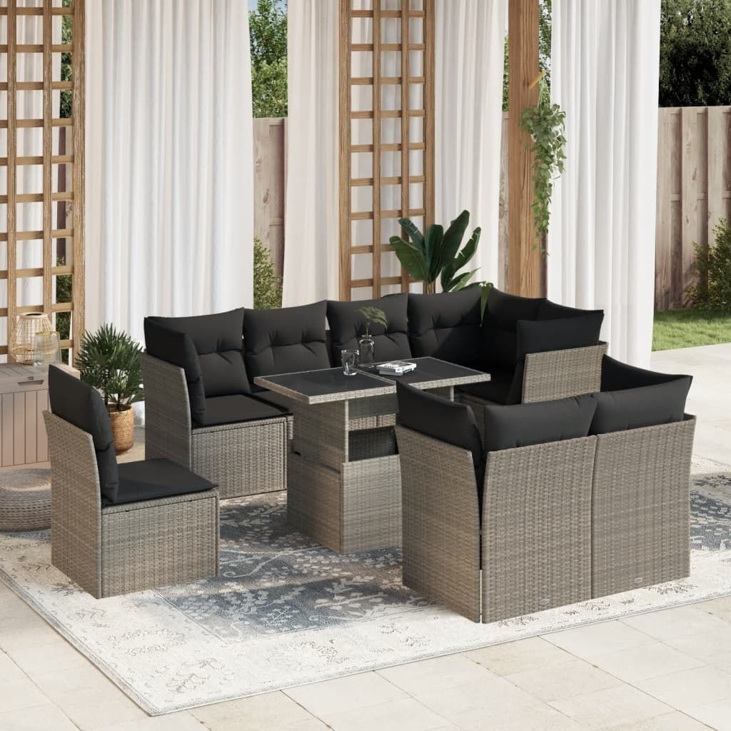 "Rabatt" 9-tlg. Garten-Sofagarnitur - mit sofa - mit Kissen Hellgrau Poly Rattan - Lounge-Dining set CC10361