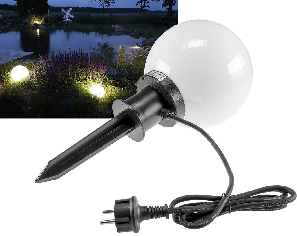 A garden scene at dusk with illuminated globe lights and a close-up of one of the lights with its plug.