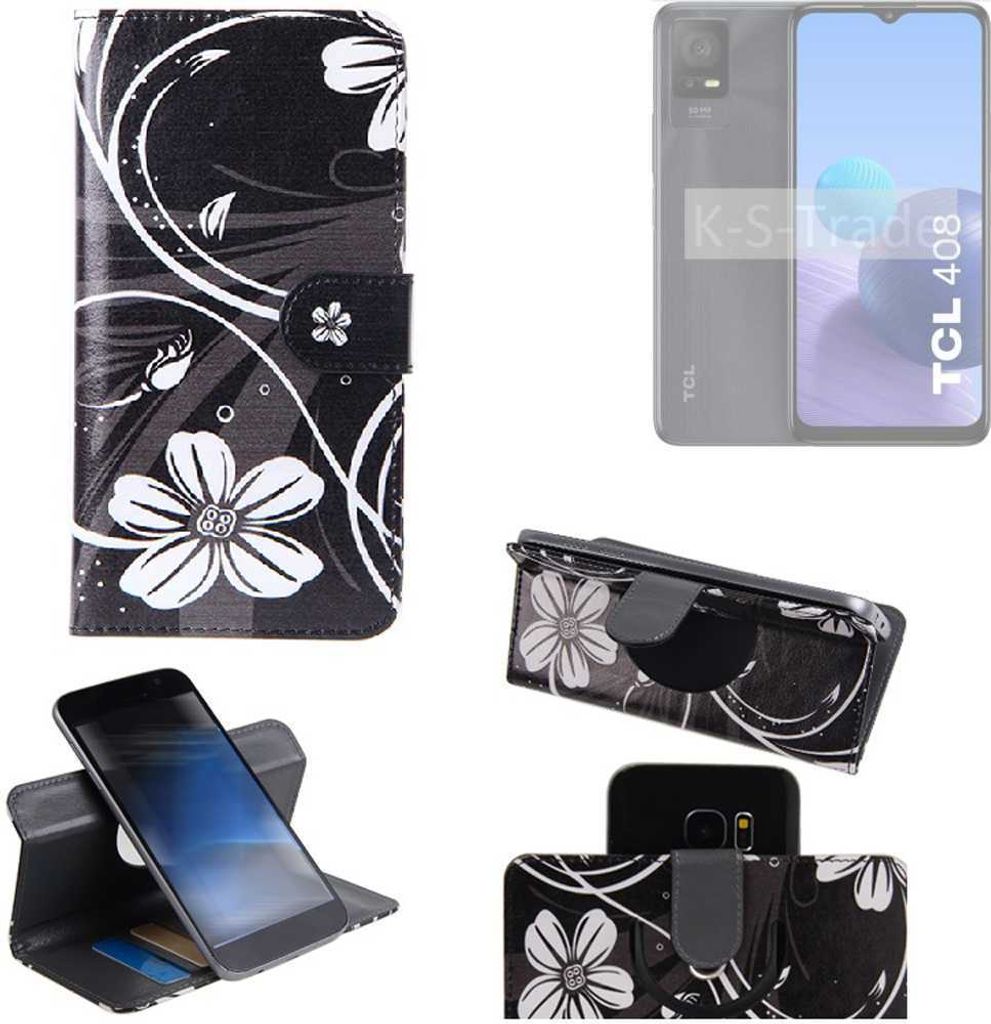 K-S-Trade Schutzhülle Handyhülle kompatibel mit TCL 408 Hülle 360° Wallet Case “Flowers“ Klapphülle Hülle schwarz-weiß 1x