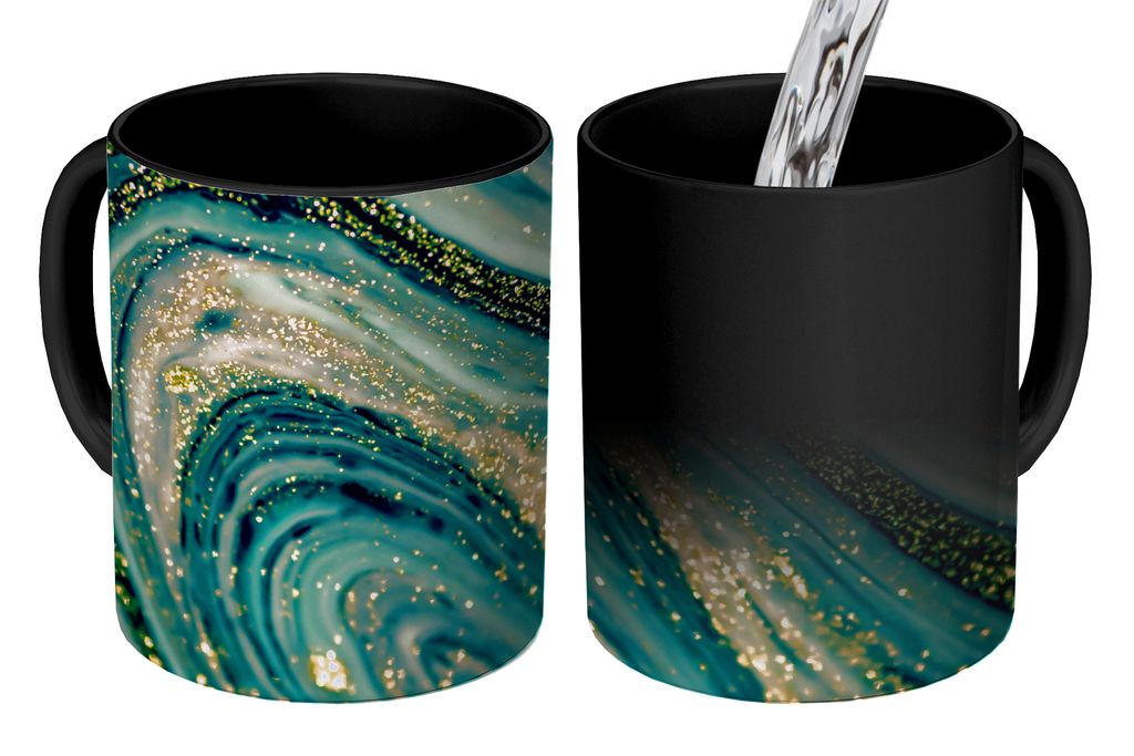 KitchenYeah Zauber Tasse Zaubertasse Magic Marmoroptik - Luxus - Gold - Türkis - Glitzer 350 ml Farbwechsel Becher Geschenk Geschenkidee - Magic...