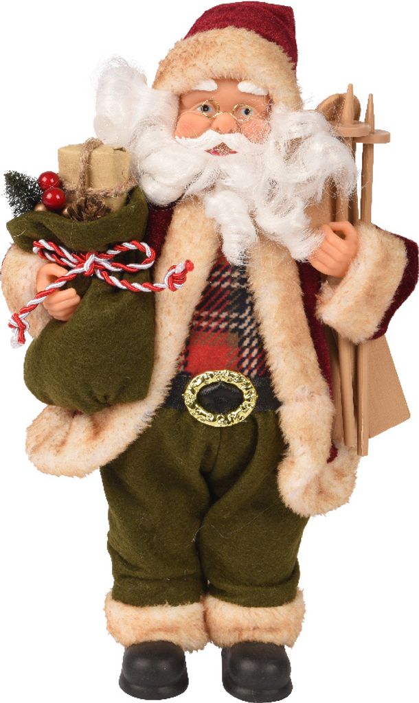 Weihnachtsmann Figur Kunststoff 30cm mit Geschenk und Ski - Rot / Grün