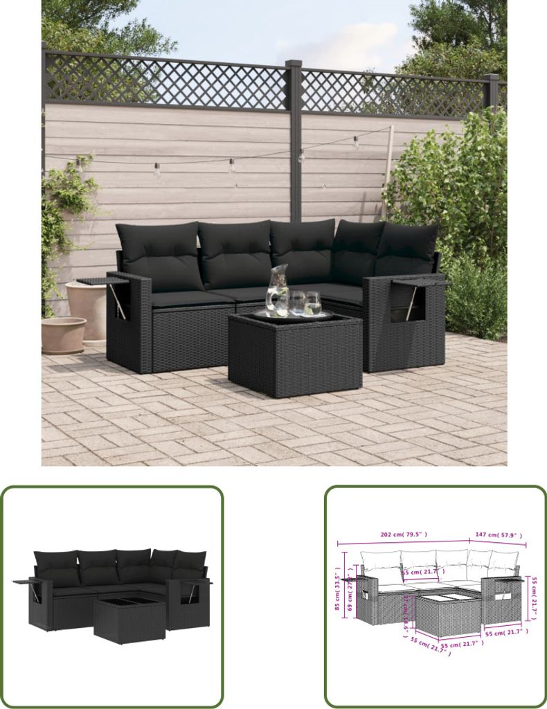 The Living Store 5-tlg. Garten-Sofagarnitur mit Kissen Schwarz Poly Rattan