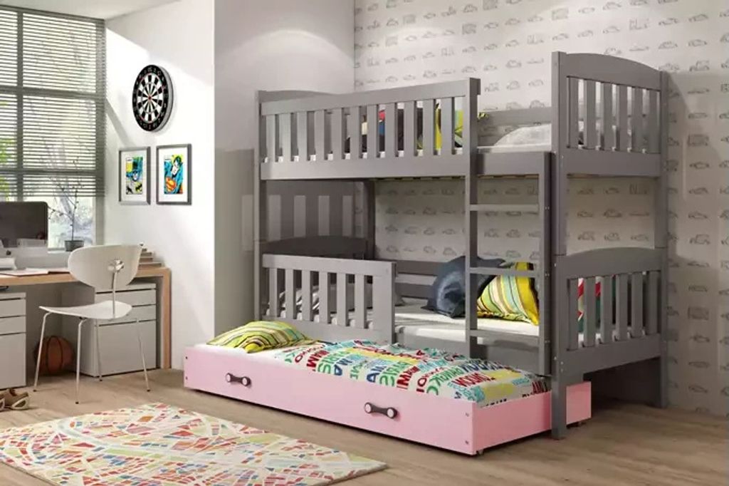 Kinderhochbett mit Zustellbett ohne Matratzen 80x190 BRIGID – Graphit / Rosa