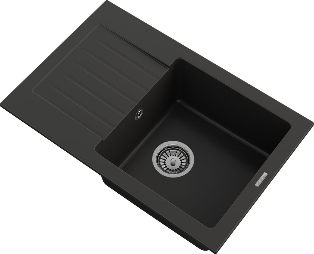 Granitan | Granitspüle MINO - Rechteckig - Schwarz - Einraum - Mit großem Abtropfbecken - Chrom-Siphon