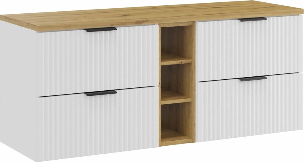 FURNLUX Waschbeckenschrank Adel Weiss Und Eiche Und Schwarz 140cm / Hauptfarbe: Weiß / Abmessungen: 140 x 59 x 46 cm