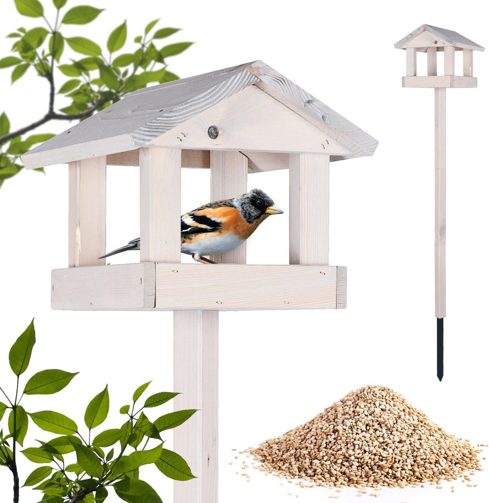 PATKAR Vogelhaus Futterhaus für Vögel mit Ständer aus Kieferholz - Vogelfutterhaus Vogelfutterstation für Singvögel Wildvögel Vogel Futtersta...