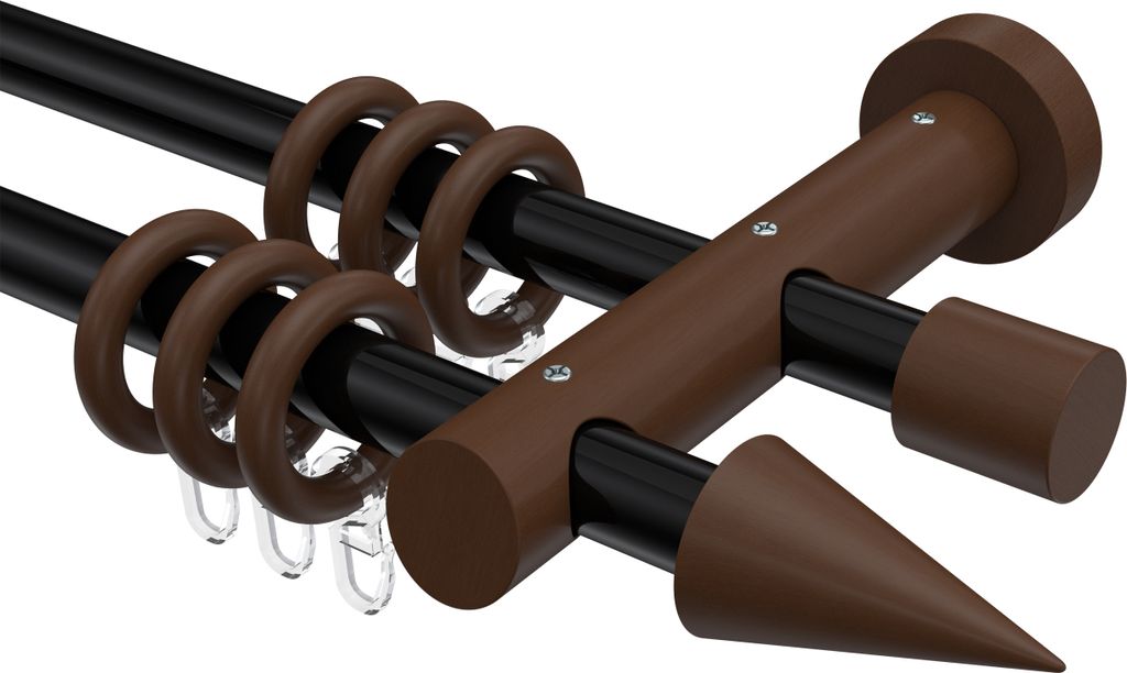 Interdeco Gardinenstange / Vorhangstange Schwarz / Nussbaum lackiert, Typ Talena Siveo (Kegel), 20 mm Ø 2-läufig, 160 cm