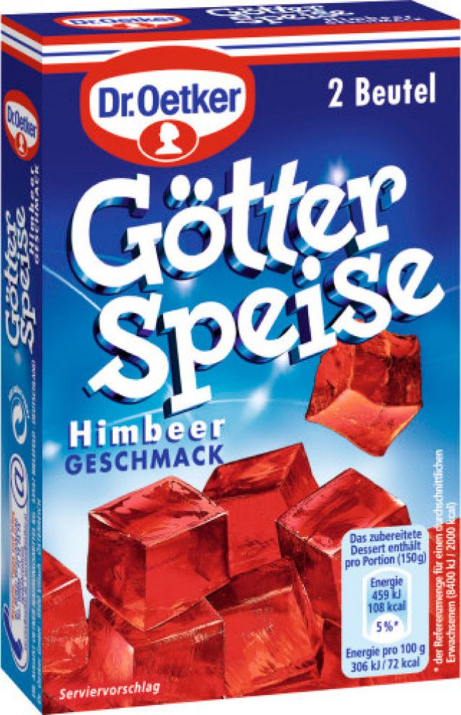 Dr. Oetker Götterspeise Himbeer Geschmack erfrischend und Produktbild 