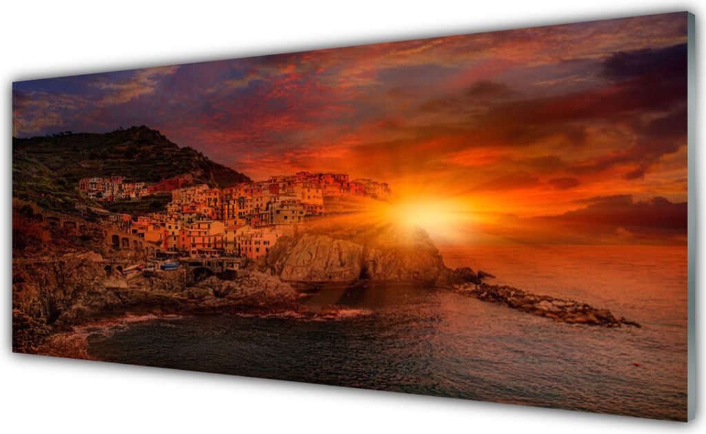 Glasbilder 125x50 Wandbild Druck auf Glas Meer Stadt Sonne Landschaft