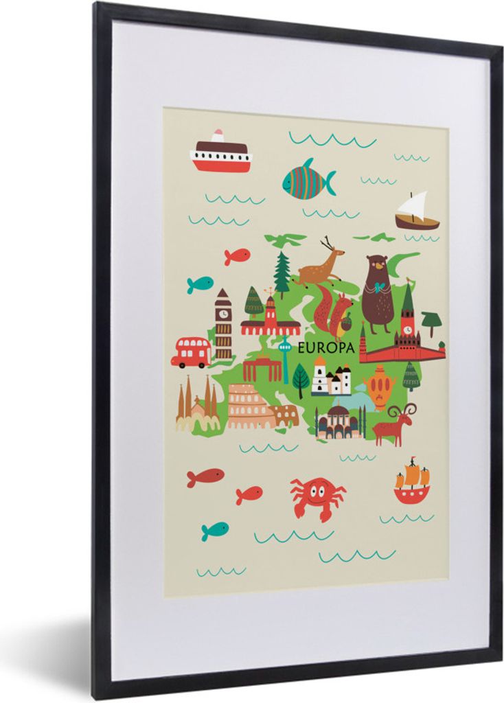 MuchoWow MuchoWow Gerahmtes Poster Weltkarte Kinder - Grün - Europa 40x60 cm - Poster mit zchwarzem Bilderrahmen - Poster in Rahmen