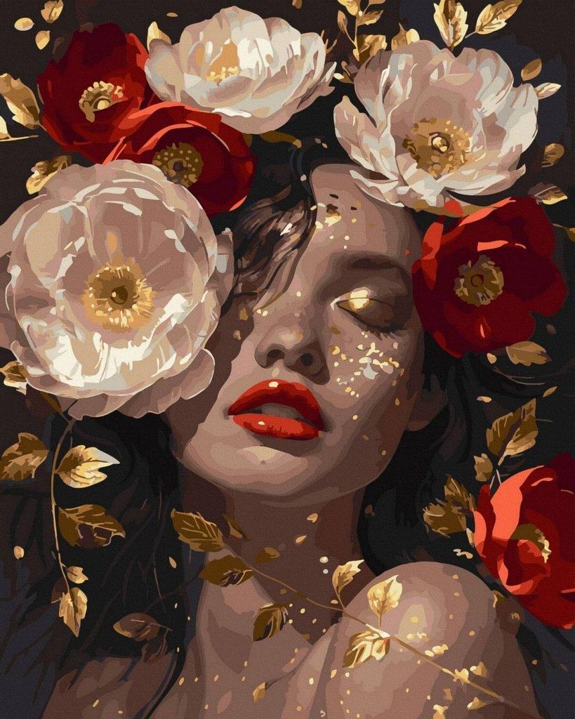 Malen nach Zahlen Schwarzes Leinwandset Mädchen und rote Pfingstrosen in Gold 40x50