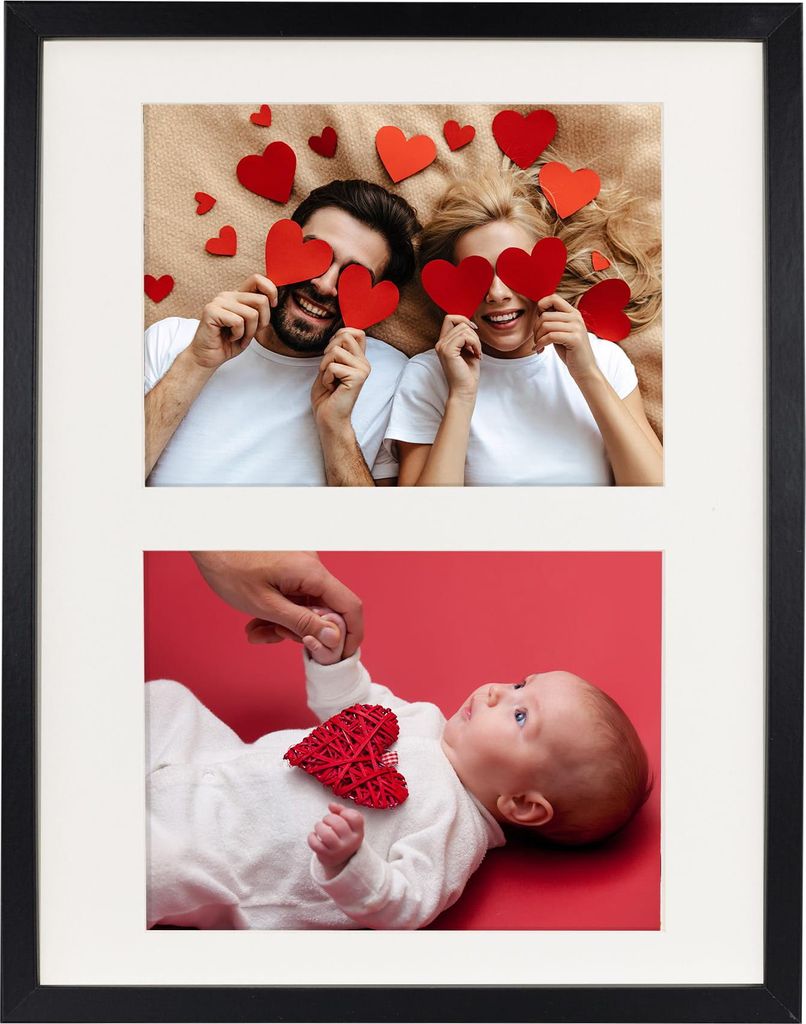 A collage of two photos, one of a couple holding heart shapes over their eyes and another of a baby with a heart decoration.