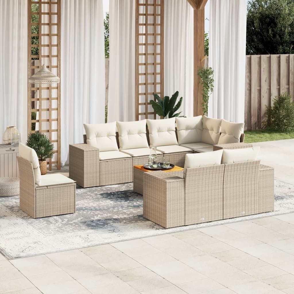 9-tlg. Garten-Sofagarnitur mit Kissen Beige Poly Rattan 3257871