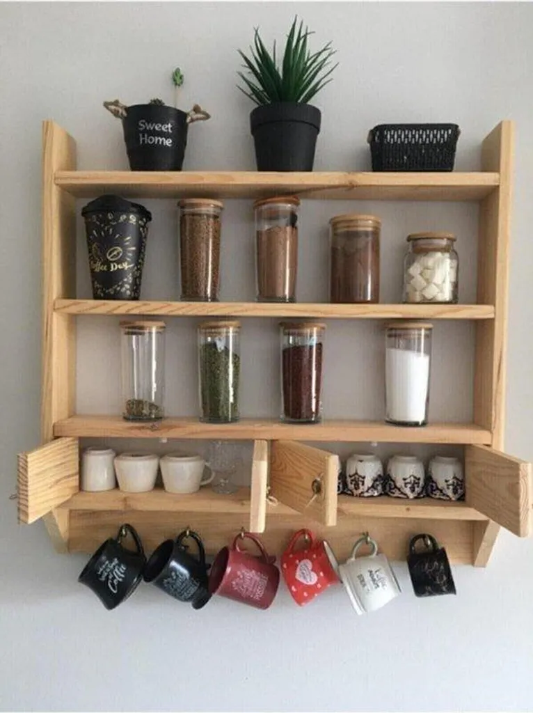 Meuble de rangement mural pour épices, étagère cuisine pin naturel