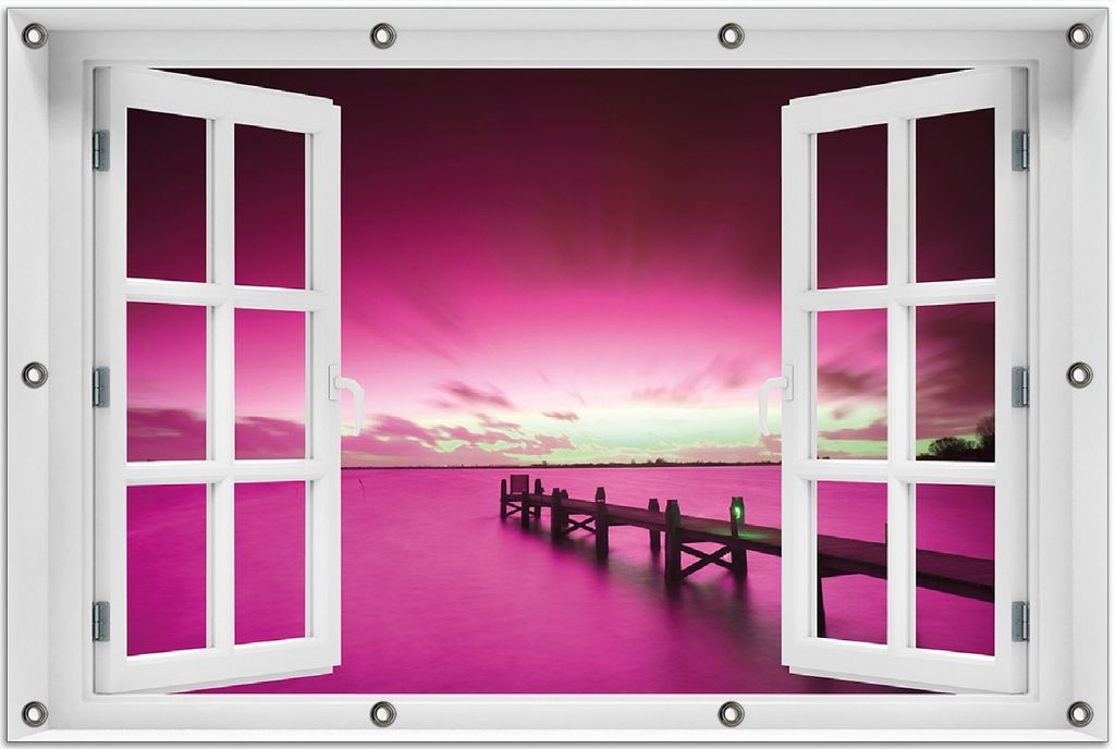 Wallario Outdoor-Poster für Garten oder Balkon 80 x 120 cm: Steg bei Abenddämmerung -Himmel bei Nacht Lila gefärbt