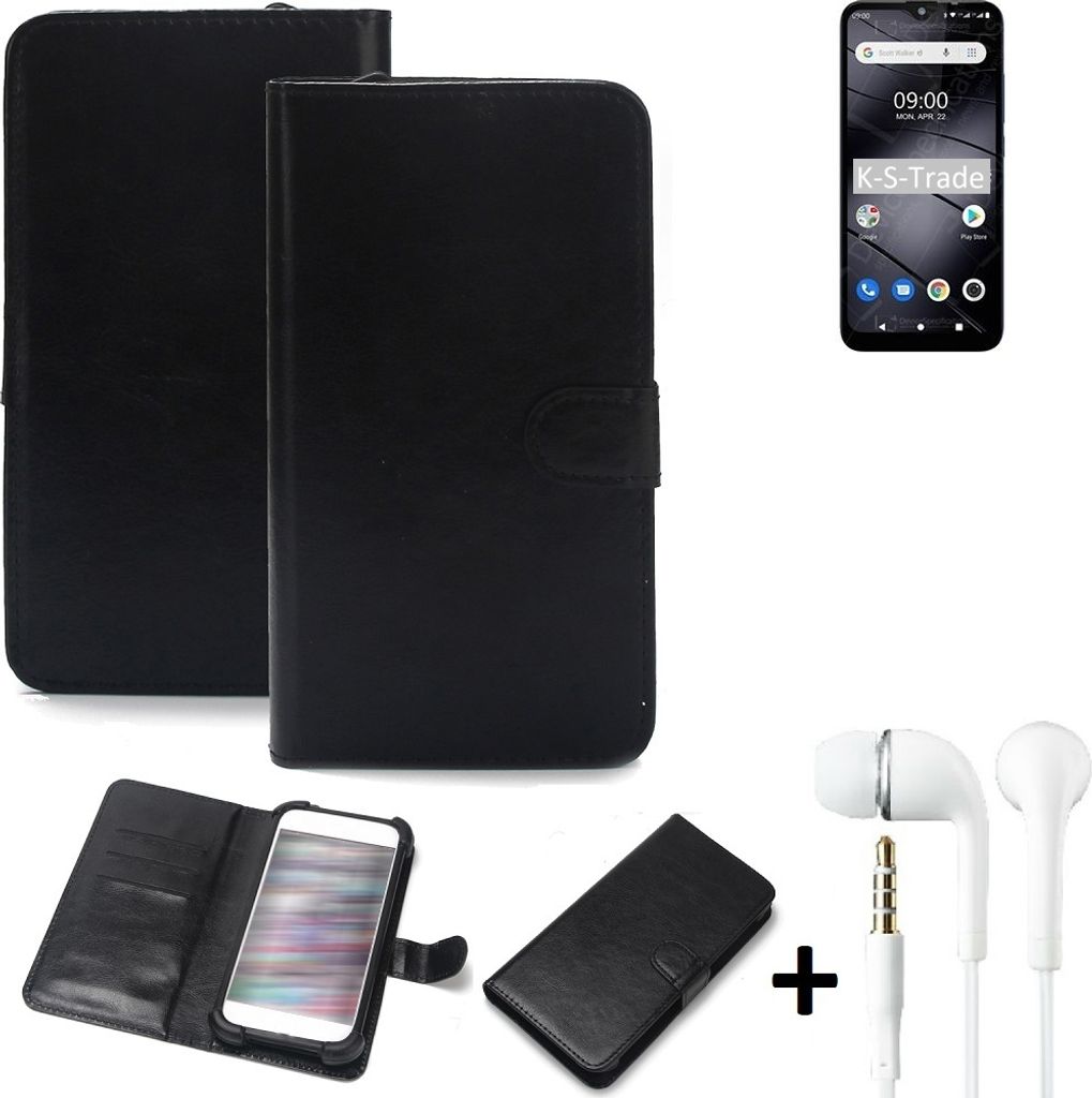 K-S-Trade Wallet Case Handyhülle kompatibel mit Gigaset GS110 Schutzhülle Flip cover Flipstyle Tasche Hülle Flipcover Slim Bumper schwarz + in ear