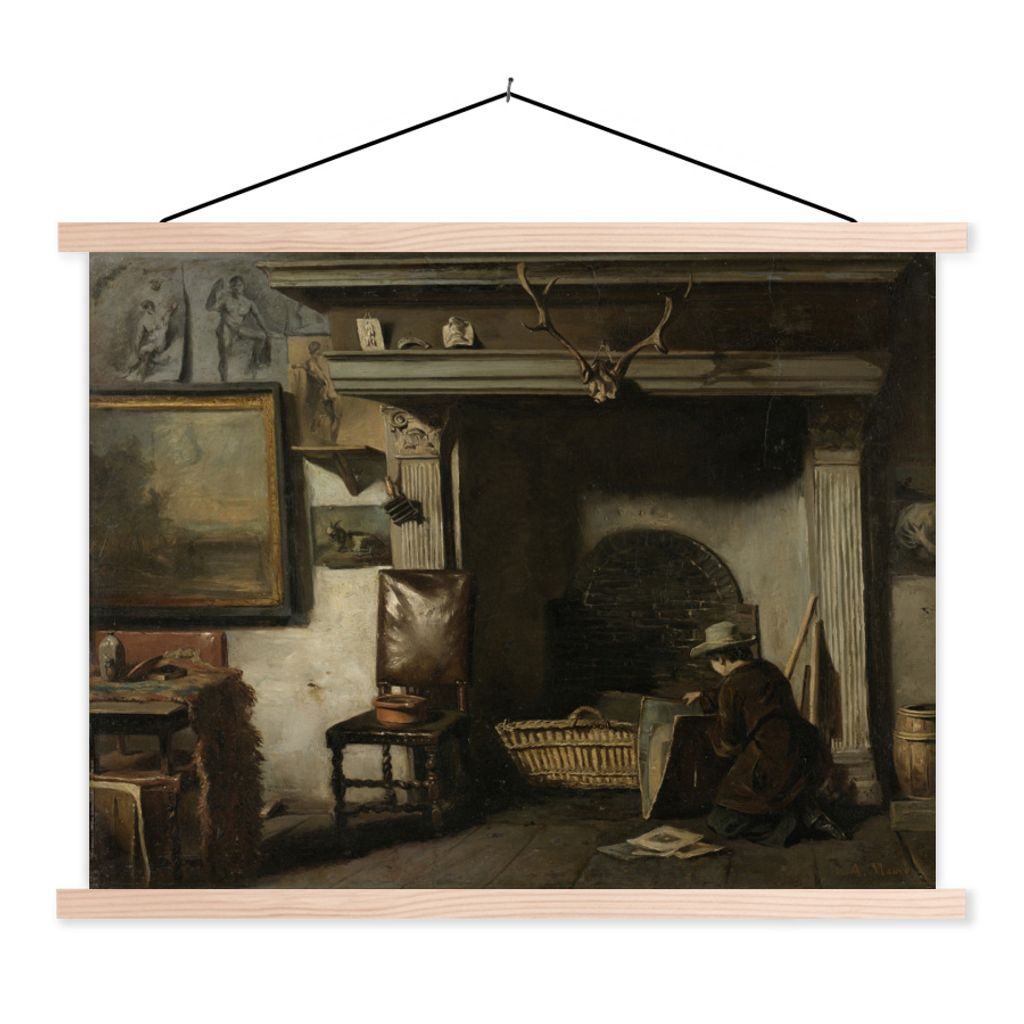 MuchoWow Textilposter Das Atelier von Pieter Frederik van Os, einem Maler aus Haarlem - Gemälde von Anton Mauve 150x113 cm mit holzfarbenen Rahm...