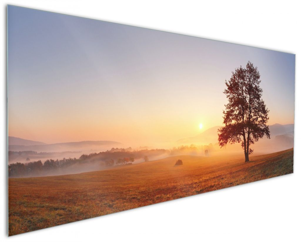 Wallario Küchenrückwand aus Glas, Größe: 125 x 50 cm, Motiv: Sonnenaufgang über der Wiese mit Nebel | Spritzschutz | abwischbar | pflegeleicht...