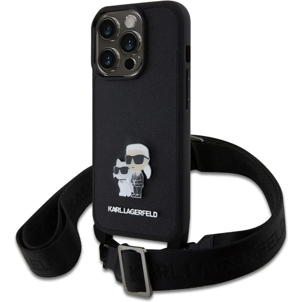 Coque iPhone 15 Pro Karl Lagerfeld Saffiano avec Bandoulière et Logo Metal