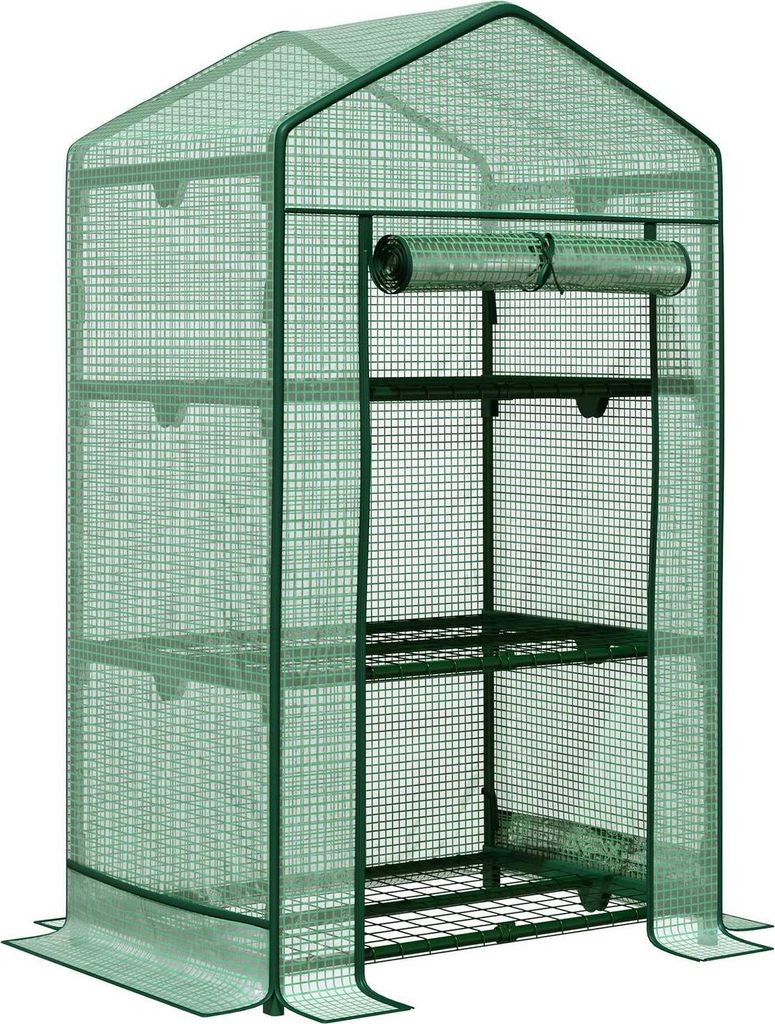 Mini-Gewächshaus Anzuchtgewächshaus Mit Folienabdeckung Und 3 Regalböden Regale Rolltür Gemüsebeet Grün 69 X 49 X 125 Cm