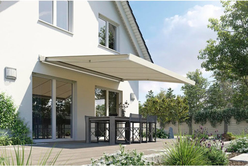 SOLUNA Kassettenmarkise Modern 3,5x1,5 Stoff Dessin S3581 Gestell RAL 9010 reinweiß links inkl.Motor und Wandschalter