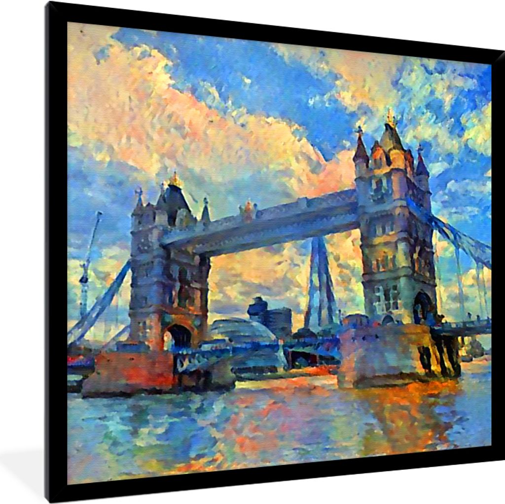 MuchoWow Gerahmtes Poster Gemälde - London - Brücke - Öl 40x40 cm - Poster mit Schwarzem Bilderrahmen Wandposter Rahmen Foto Bilder - Mit Rahm...