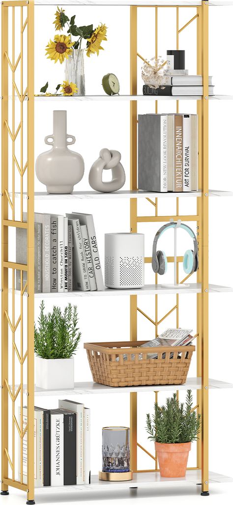 A multi-shelf bookcase with decorative items and books.