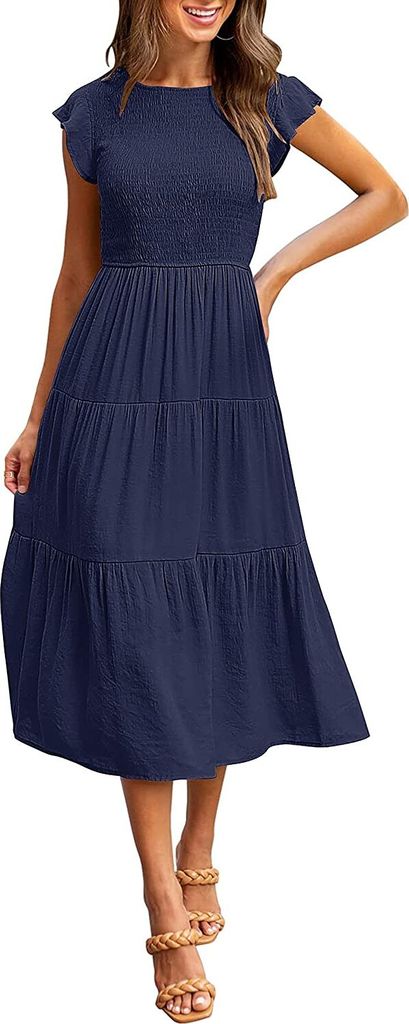 ASKSA Damen Elegant Kleid Maxikleid A-Linie Swing Boho Flatterärmel Kleider, Dunkelblau, S