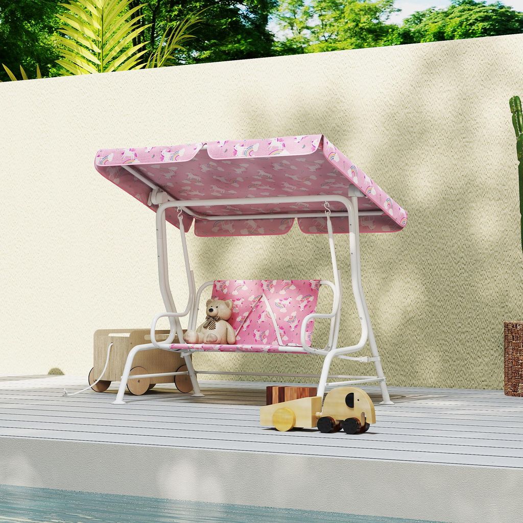 Kinder Hollywoodschaukel 2-Sitzer, Gartenschaukel Sicherheitsgurt Baldachin, Stahlrahmen Oxford-Gewebe, Rosa | 112x75x120 cm | bis 60 kg | 3-6 Jahre