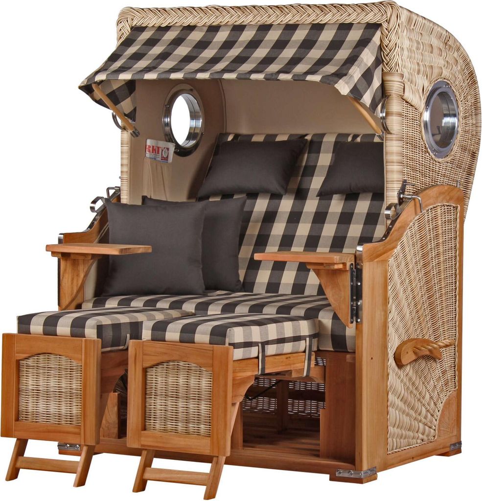 Strandkorb wetterfest Düne Teak Shell 2-Sitzer mit Bullaugen & PE-Geflecht Volllieger