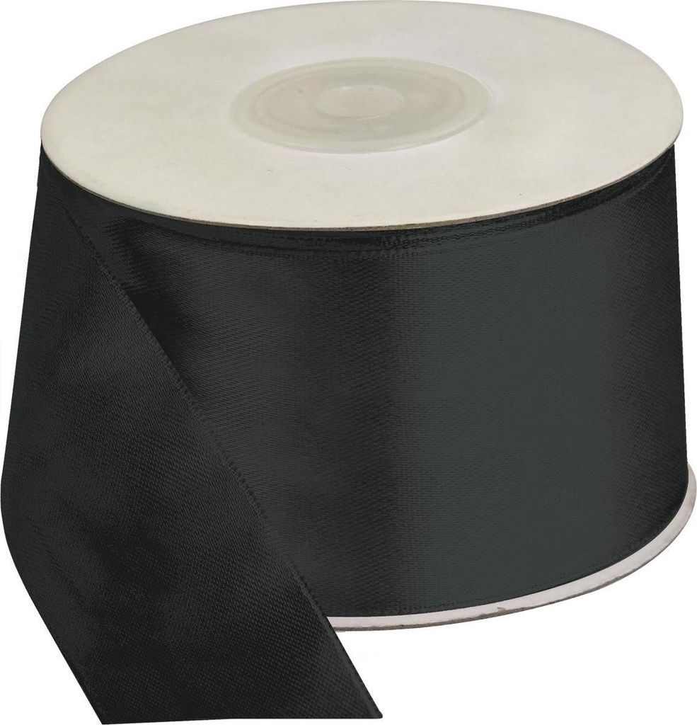 A roll of black satin ribbon on a white background.