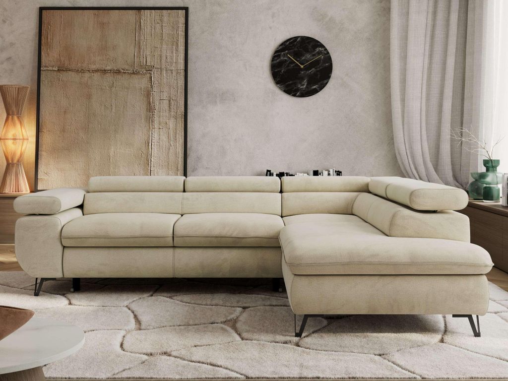 Couch mit Schlaffunktion L-form Ecksofa mit Topper T25 Wohnzimmersofa mit Einstellbare Kopfstützen - PABLO L - Velvet - Beige - Rechts