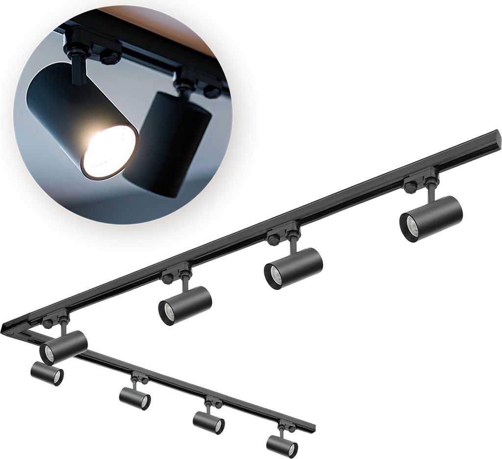 3-Phasen-Schienen-Set NEXTRACK - Schienensystem Komplett-Set 2m+2m Schiene Schalter 'L' 8x Lampe, 2x Stecker SCHWARZ