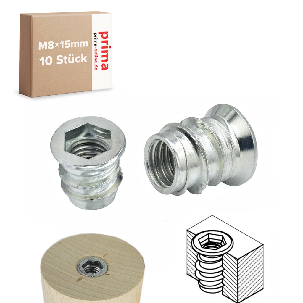 10 x Einschraubmuffen M8 Länge 15mm Einschraubmutter Eindrehmuffen Innensechskant M8x15mm