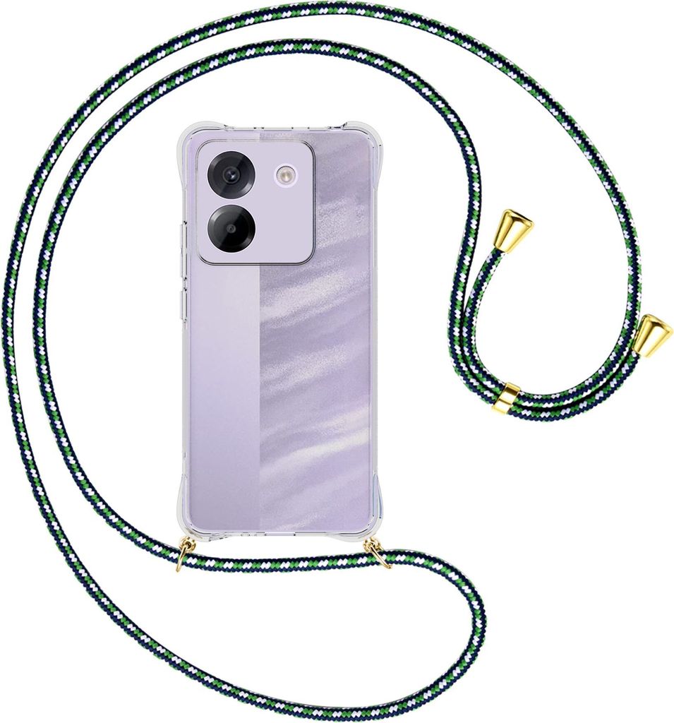 Handykette Backcover-Schutzhülle mit Band (Metall goldfarben) für Xiaomi Poco M7 Pro 5G - grün/blau/weiß