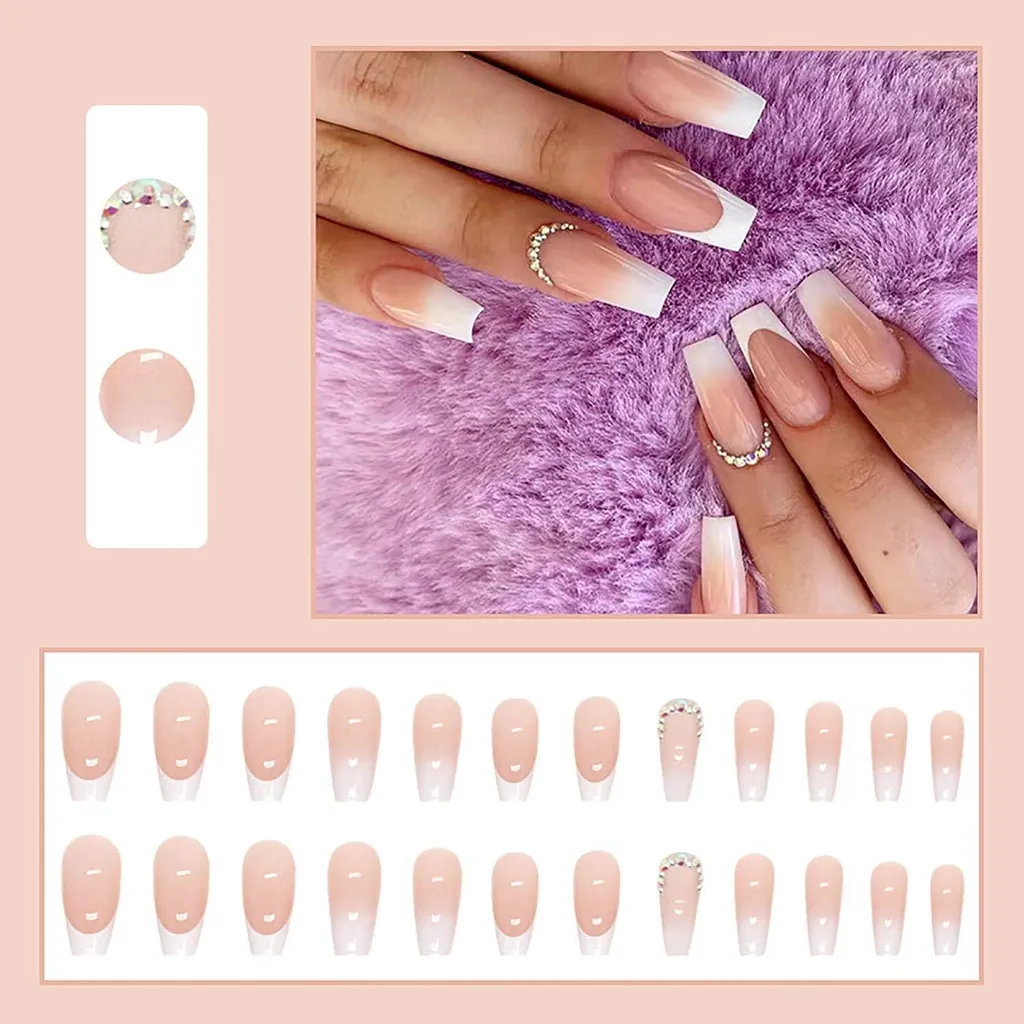 Set 24 Unghie a Pressione Bianche Sfumate con Strass | Kit Unghie Acrilico - 2