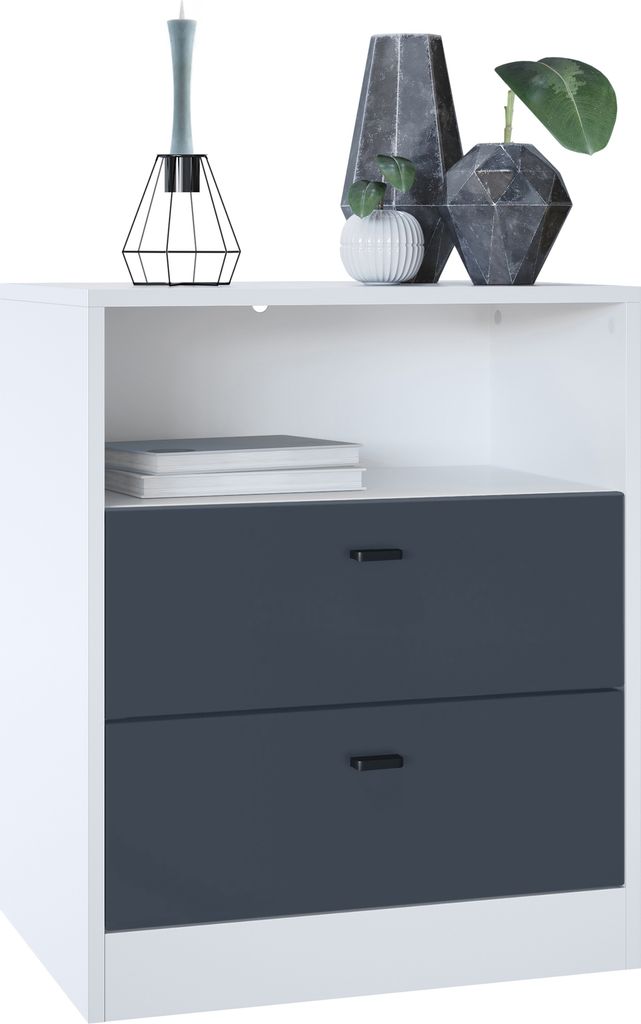 Vladon Kommode Pino V1, Germany, Nachttisch mit 2 Schubladen & 1 offenem Fach, Weiß matt/Anthrazit matt ohne LED (56 x 67,5 x 36 cm)
