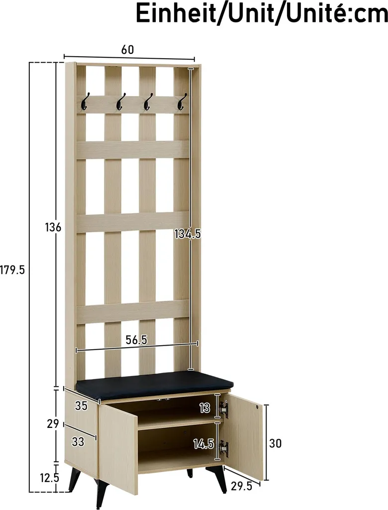 Meuble d'entrée bois clair moderne avec 4 patères et pieds en acier