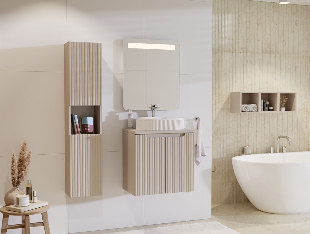 COMAD | Die Badezimmermöbelset, besteht aus einem Waschbeckenunterschrank + einem hängenden Schrank + 3 Regalen, NOVA CASHMERE