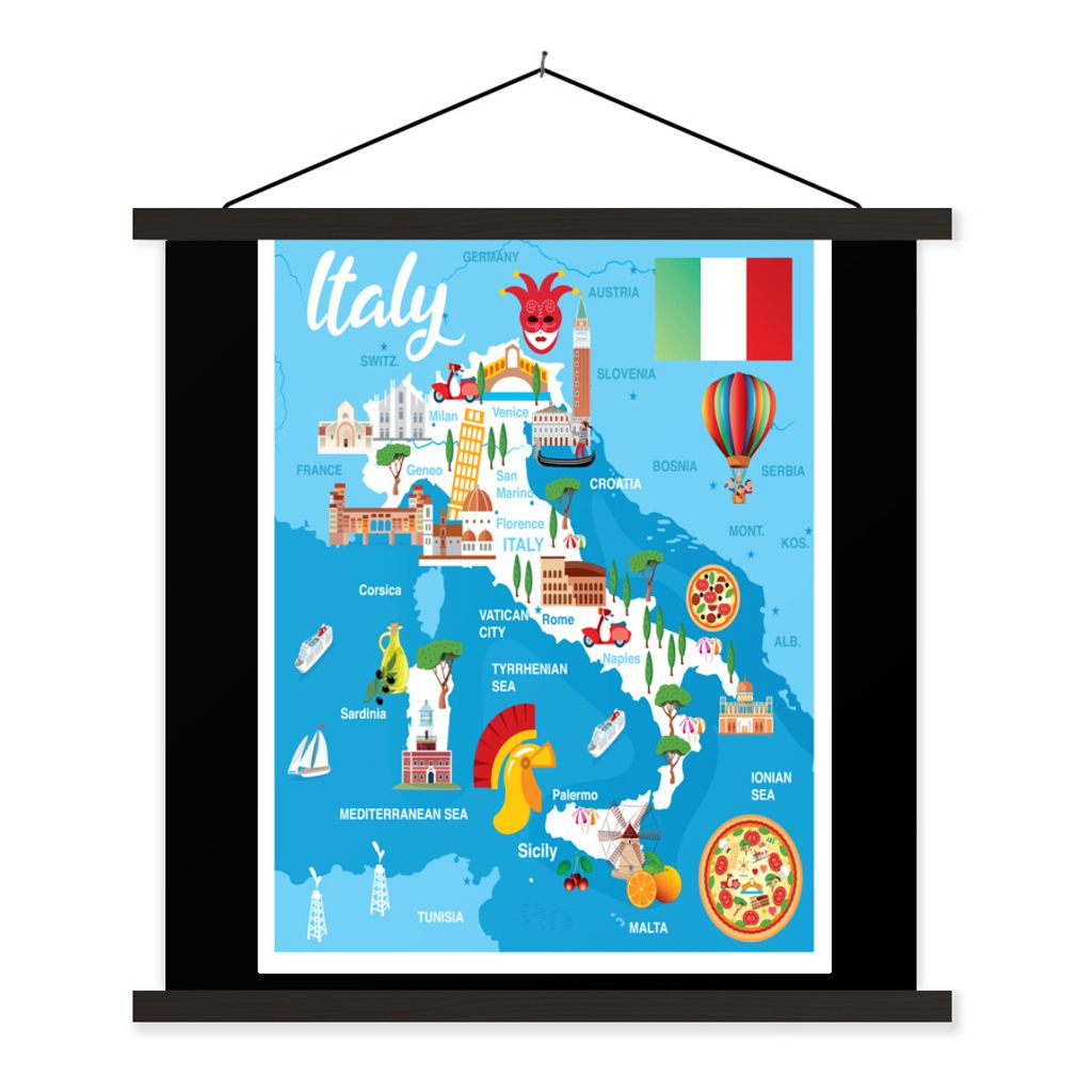MuchoWow Textilposter Karte - Italien - Illustration 60x60 cm mit schwarzem Rahmen - Posteraufhänger