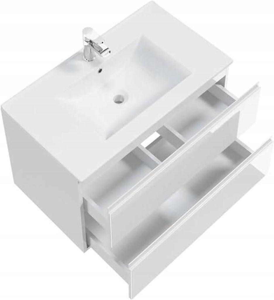 A white bathroom vanity with a sink and faucet, showing two open drawers.