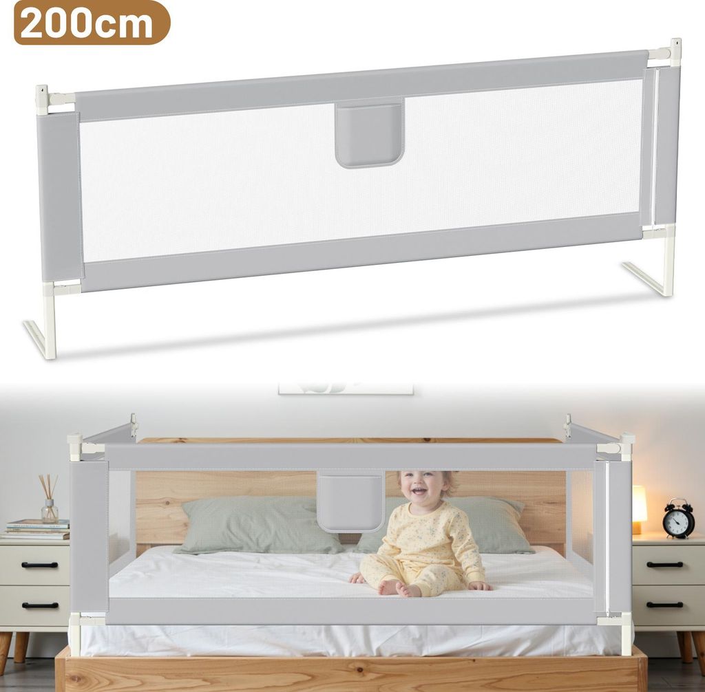 Izrielar Baby Bettgitter 200cm Einziehbare Babybettgitter Kinder Bettgitter Bettschutzgitter Höhenverstellbar Rausfallschutz für Bett