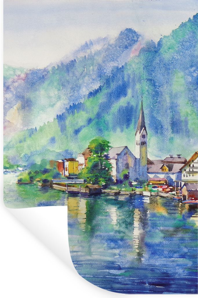 MuchoWow Wandtattoo Wandsticker Wandaufkleber Gemälde - Ölfarbe - Haus - Berge - Wasser 40x60 cm Selbstklebend und Repositionierbar - Wierderve...