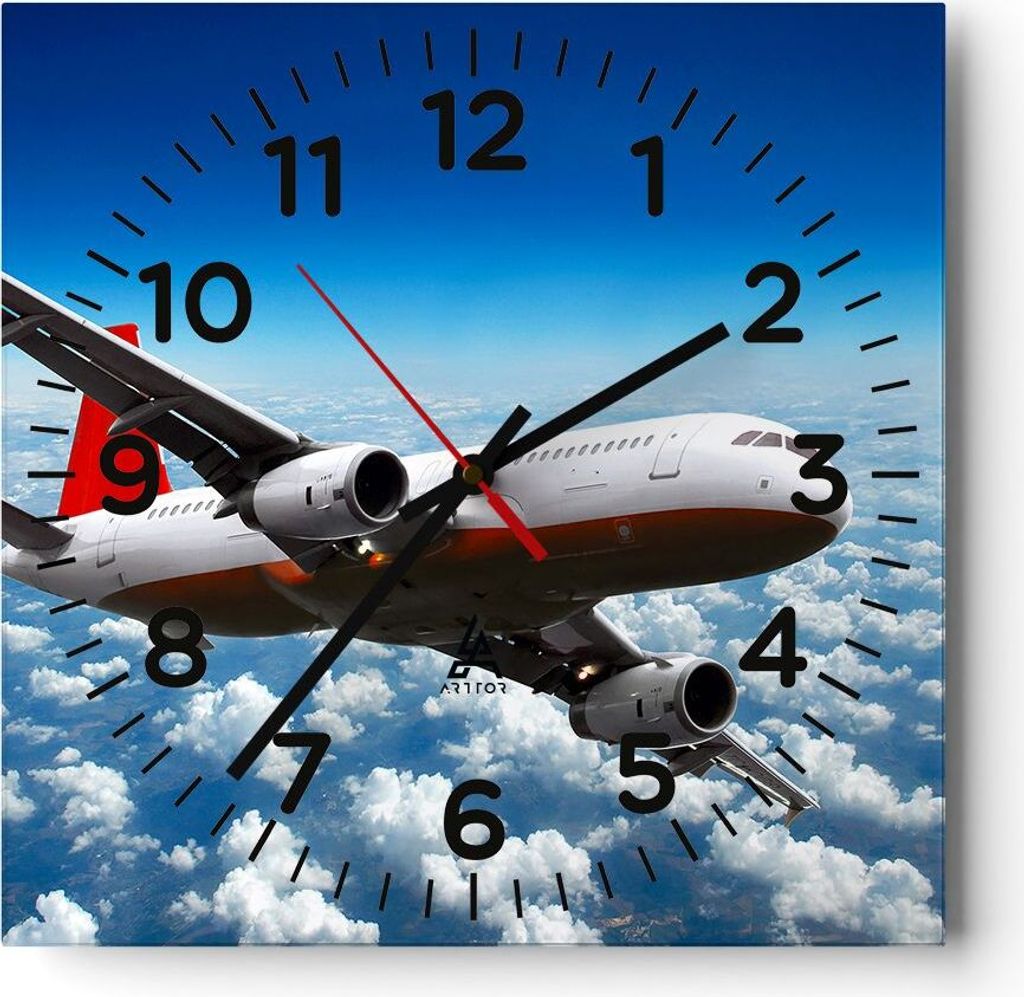 Wanduhr - Quadrat - Glasuhr - Passagier Flugzeug Motoren Wolken - 30x30cm - Schleichendes Uhrwerk - Lautlos - zum Aufhängen bereit - Dekoration Mo...